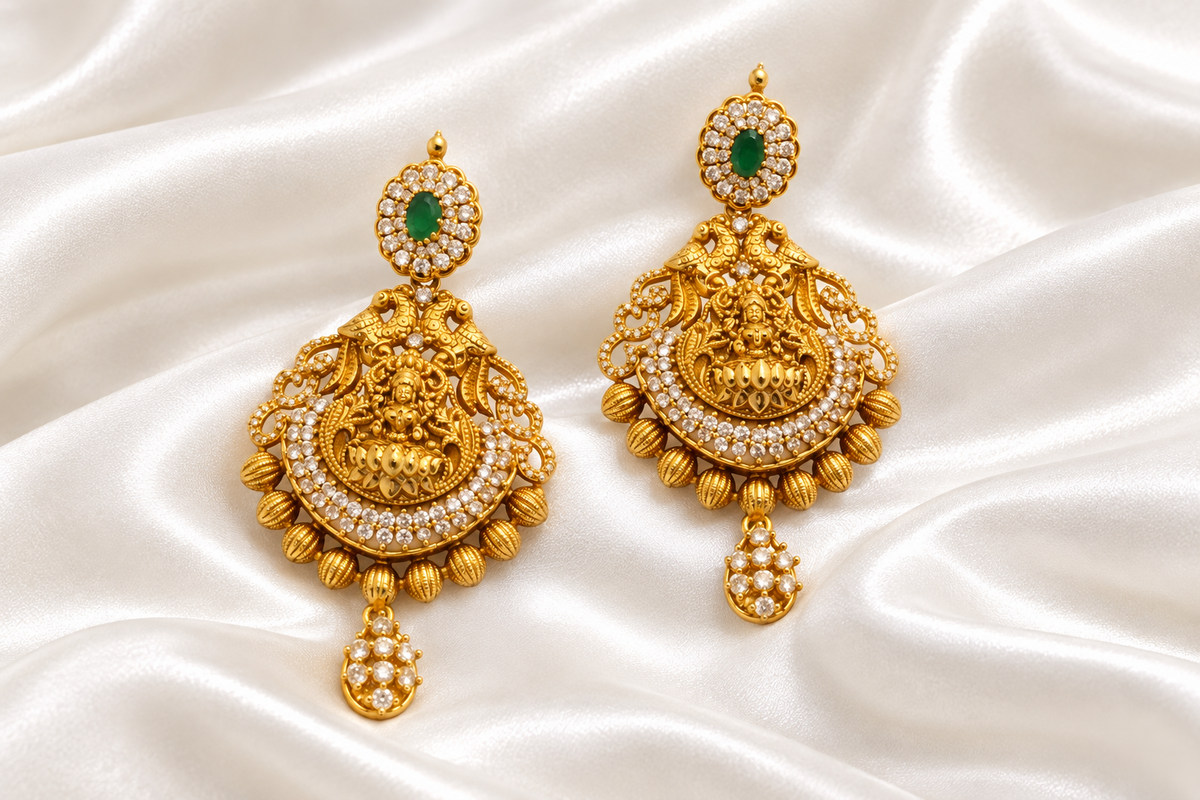 Traditional Antique Polish Laxmi Peacock Motif Jadau Earrings