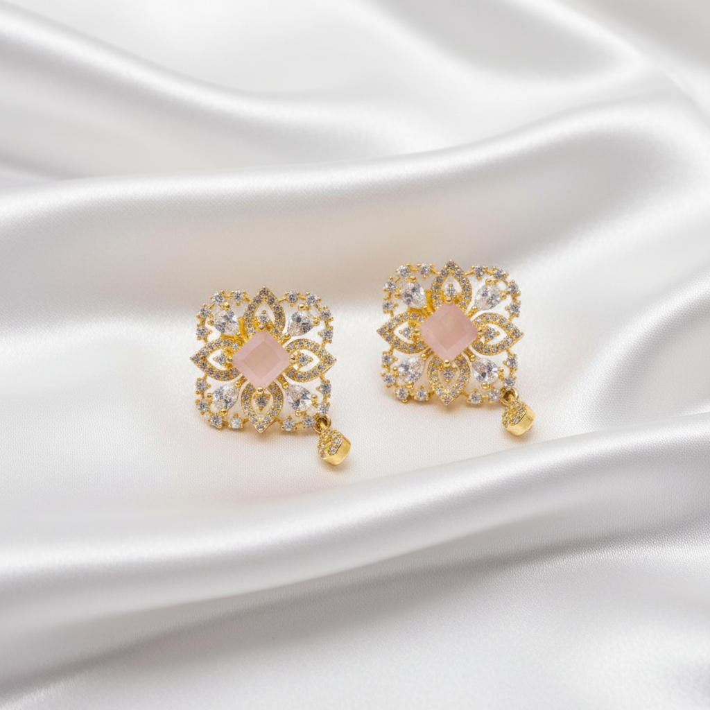 Gold-Plated Square Pink Stone Filigree Drop Earrings
