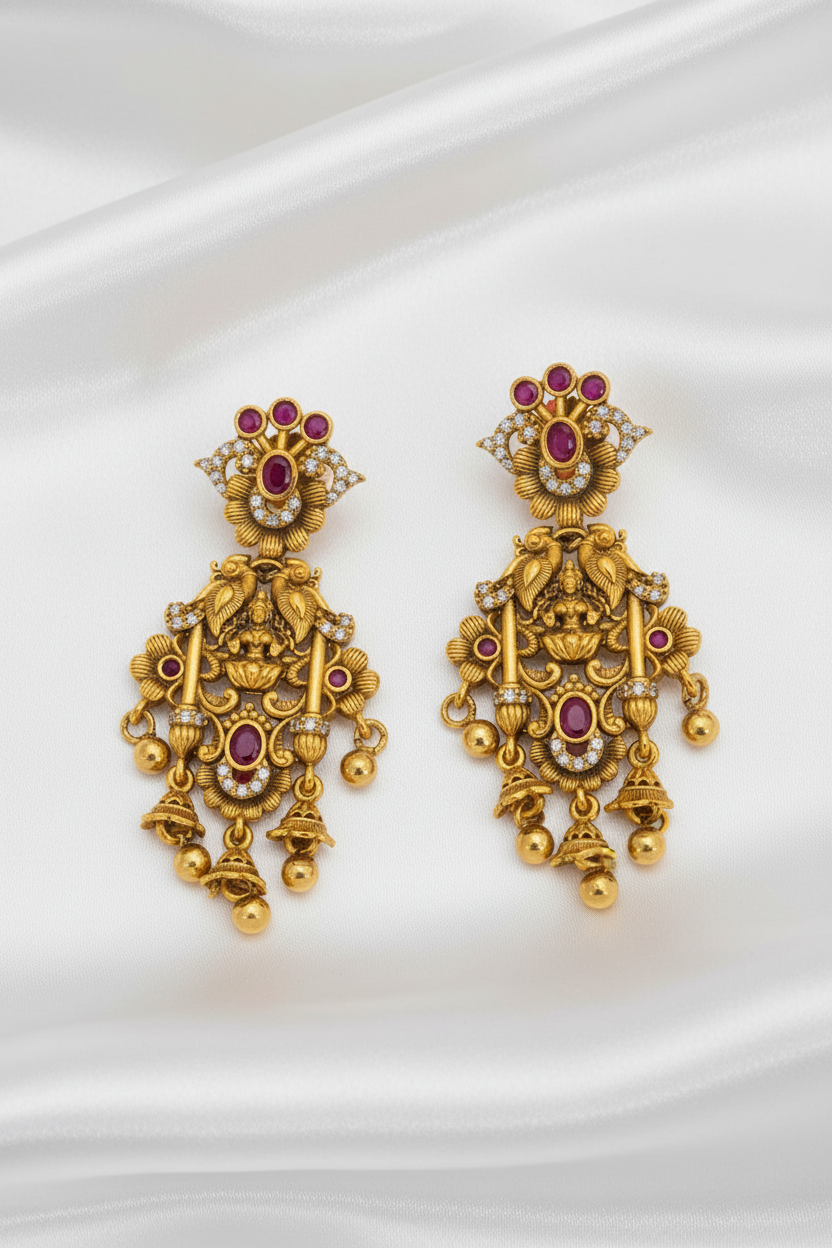 Traditional Antique Polish Laxmi Peacock Motif Jhumki Earrings