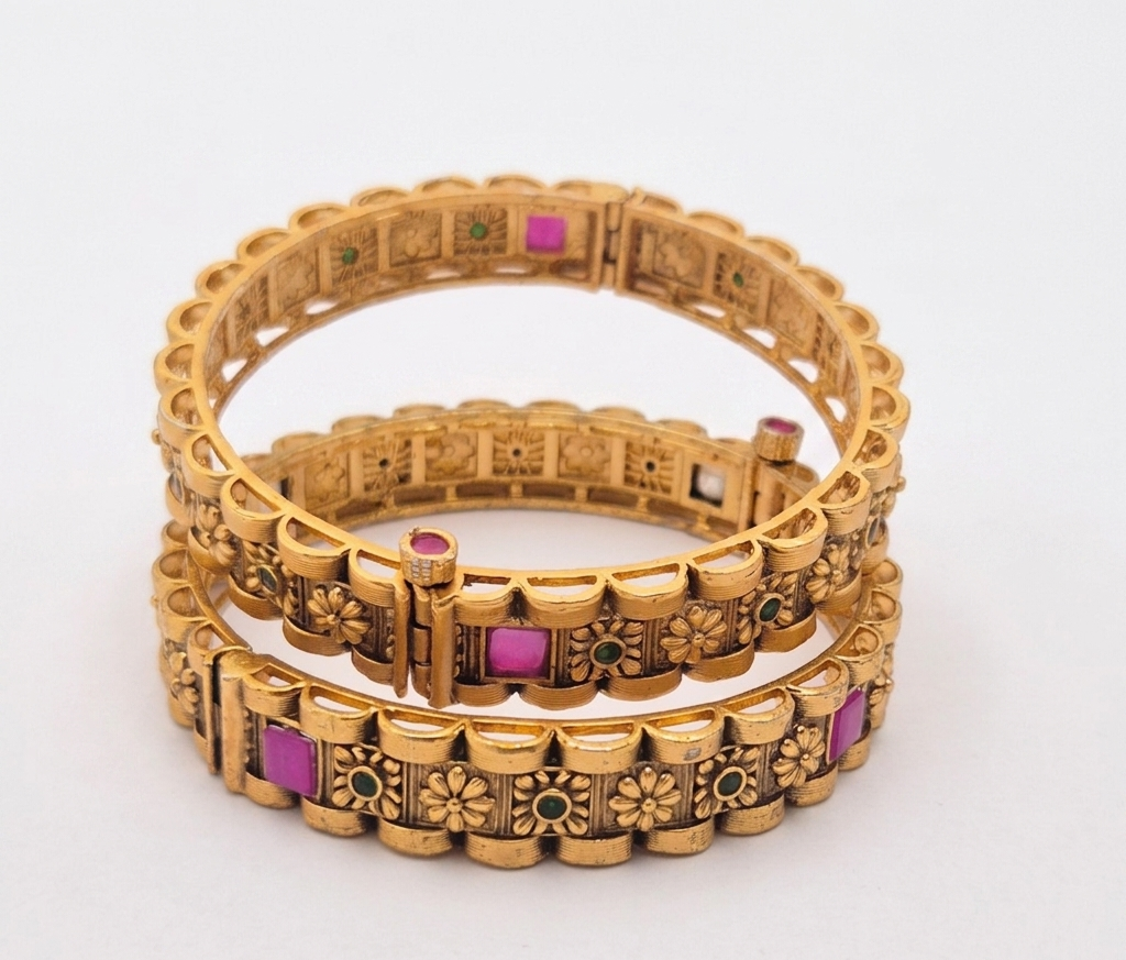Traditional Antique Gold Plated Floral Openable Kada Bangles (Set of 2)