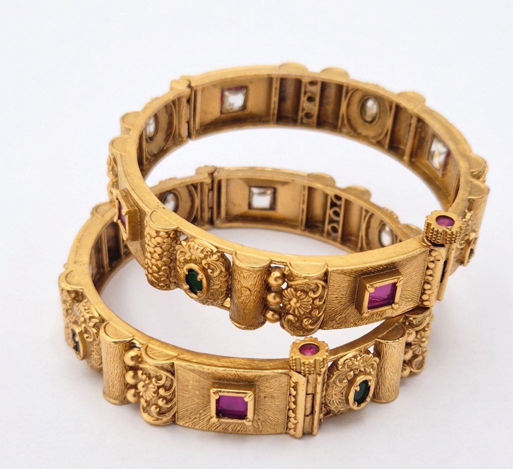 Antique Gold Finish Openable Multi-Stone Kada Bangles Set