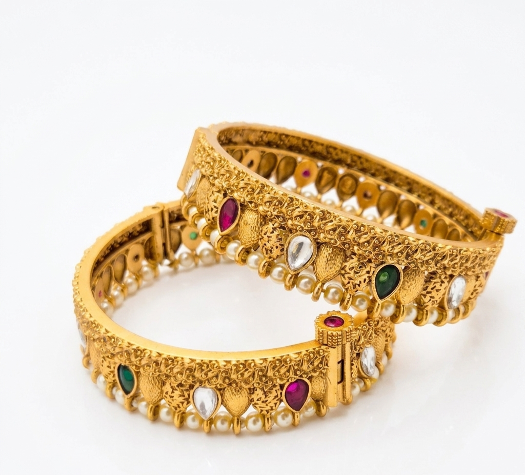 Antique Gold Polish Nakshi Work Openable Kada Bangles Set