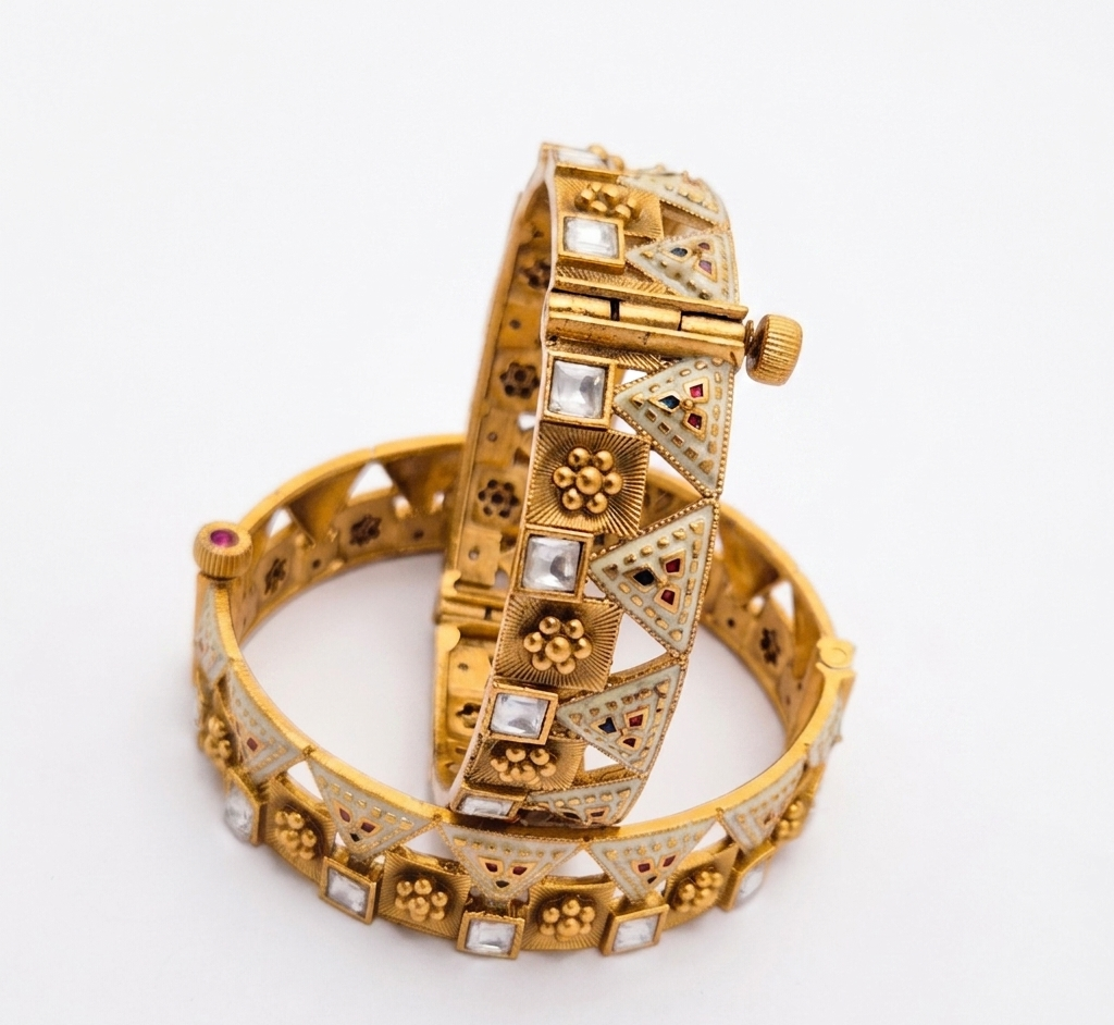 Traditional Antique Gold Polish Kundan Openable Kada Bangle (Set of 2)
