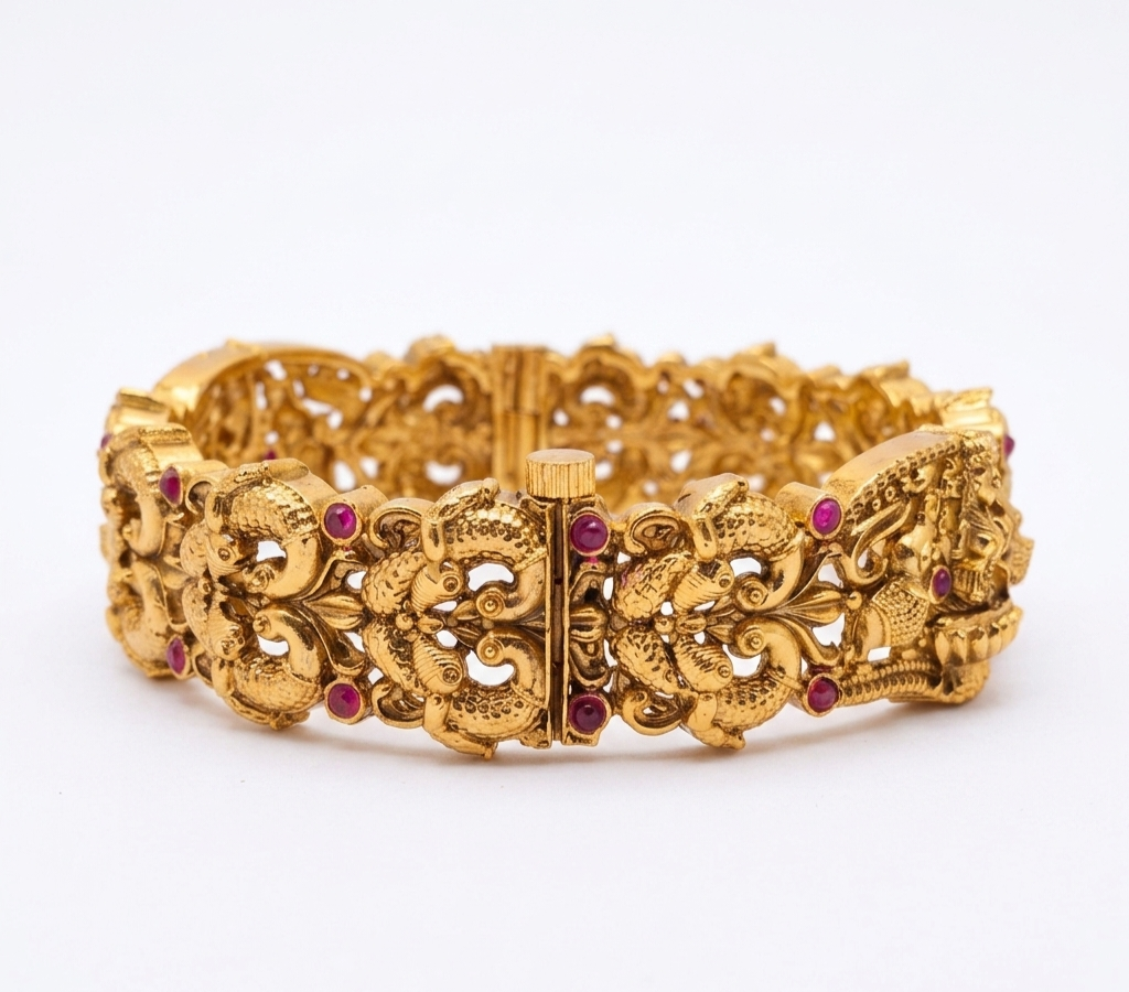Antique Temple Peacock Hinged Kada Bangle