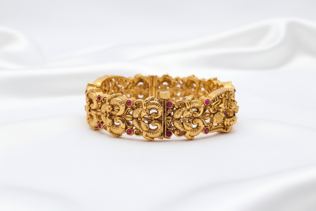 Antique Temple Peacock Hinged Kada Bangle