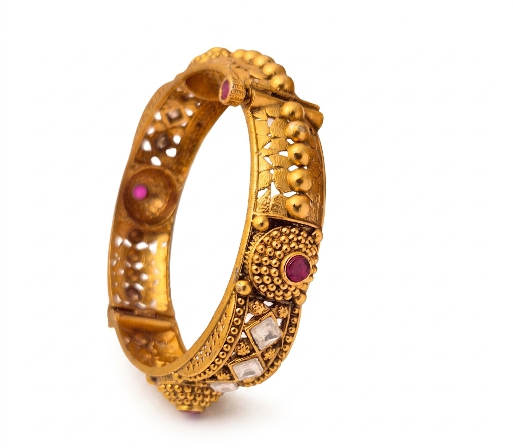 Antique Ruby Zircon Granulation Hinged Kada Bangle