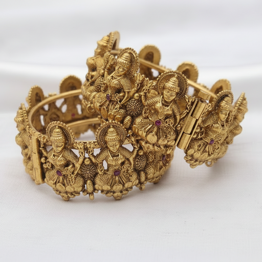 Antique Gold-Plated Goddess Lakshmi Temple Hinged Kada Bangles