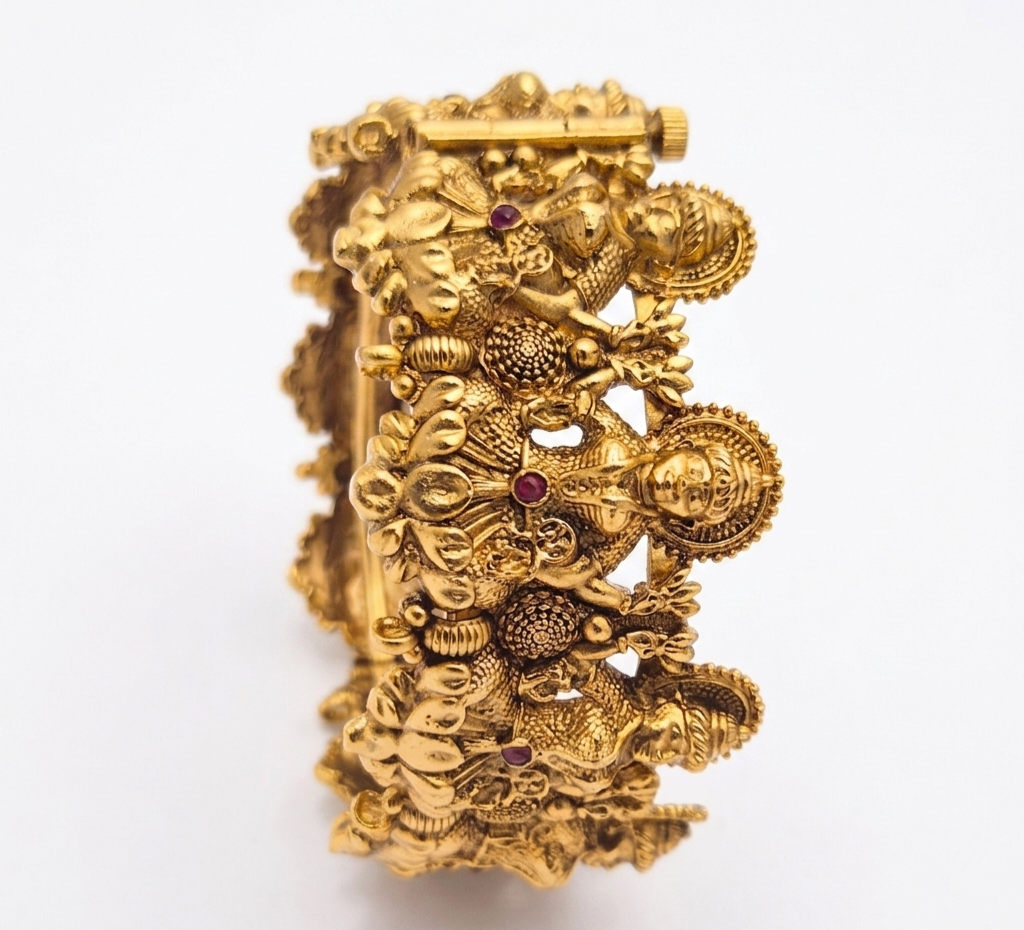 Antique Gold-Plated Goddess Lakshmi Temple Hinged Kada Bangles