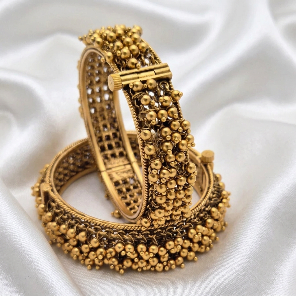 Antique Gold-Plated Heavy Beaded Granulation Hinged Plain Kada Bangle