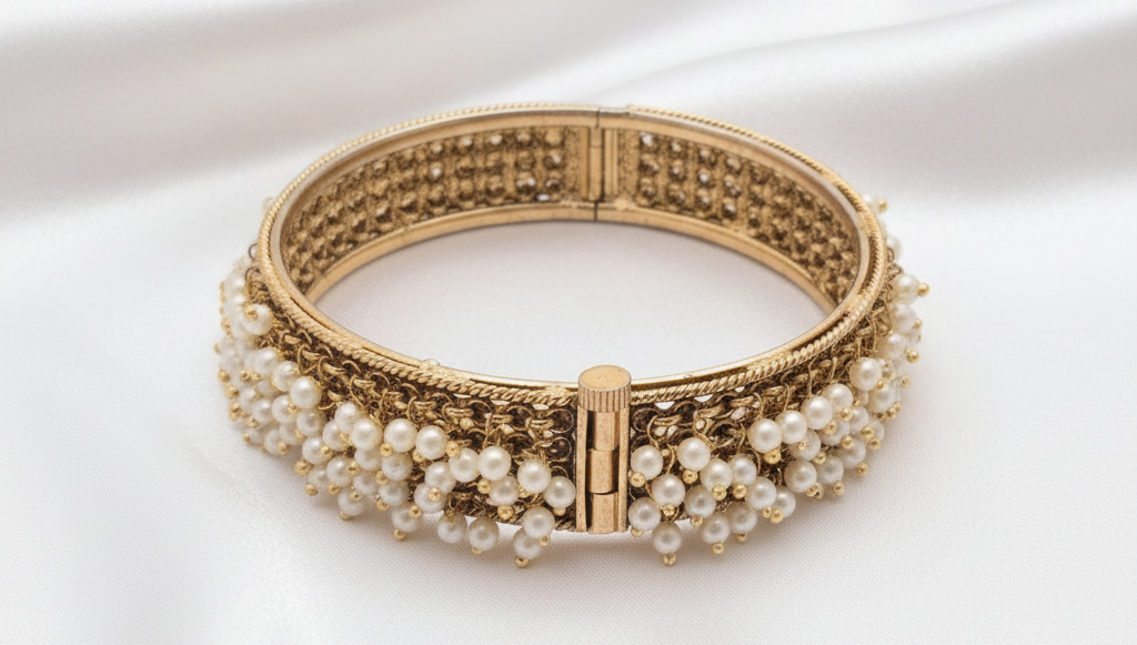 Antique Gold-Plated Multi-Strand Pearl Cluster Hinged Kada Bangle