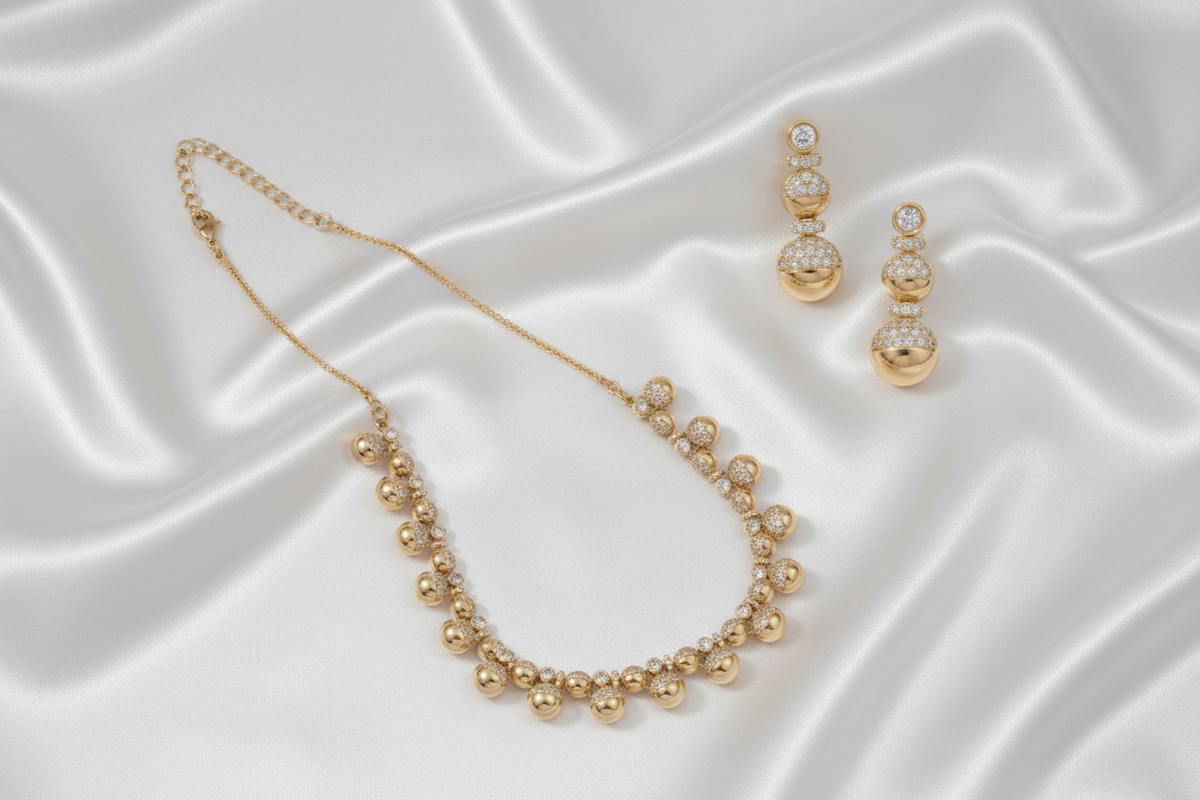 Gold-Plated Zircon Stone Beaded Drop Necklace with Earrings Set