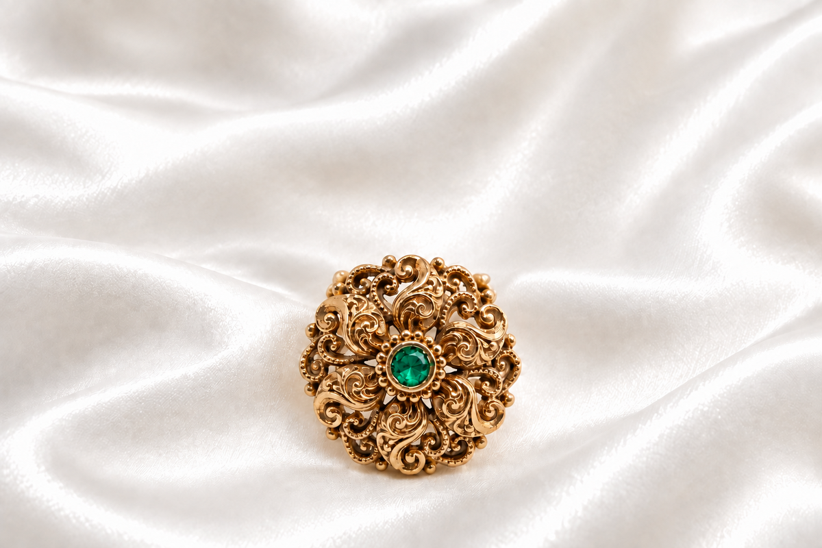 Premium Gold-Plated Floral Motif Green Stone Statement Ring