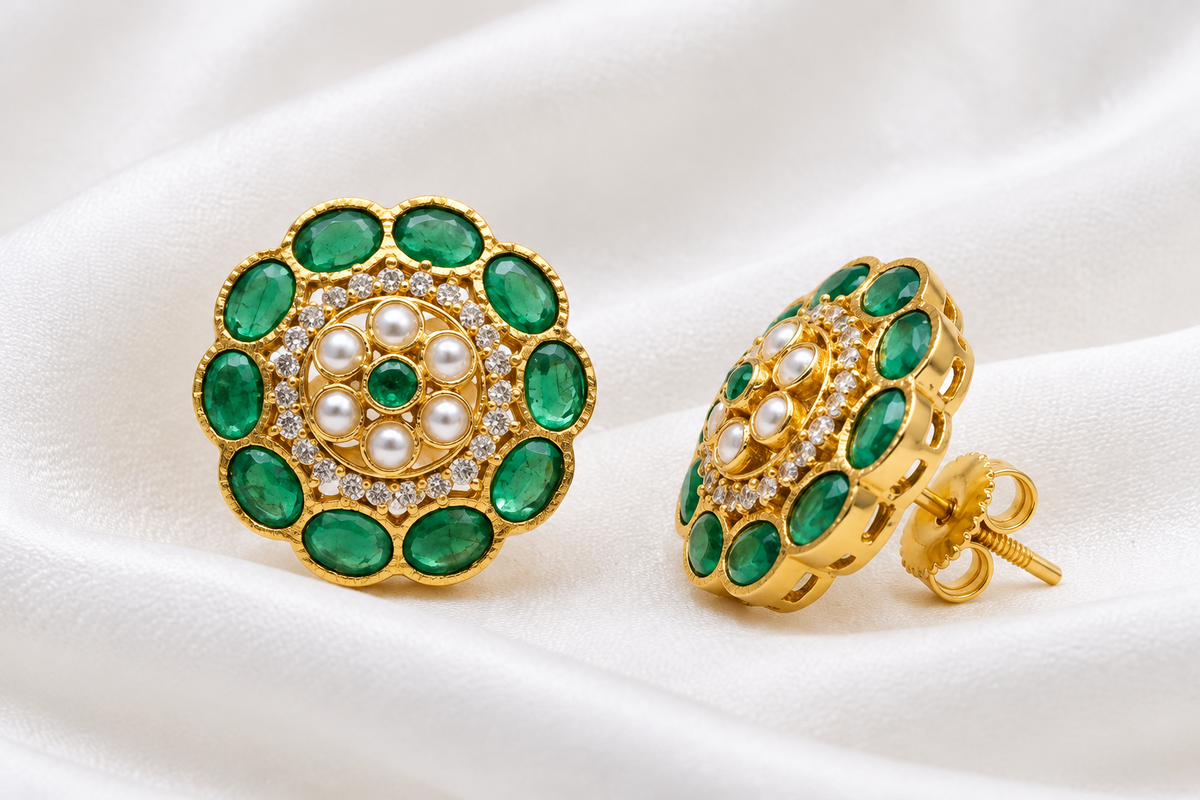 Gold-Plated Kundan and Green Stone Floral Cluster Stud Earrings