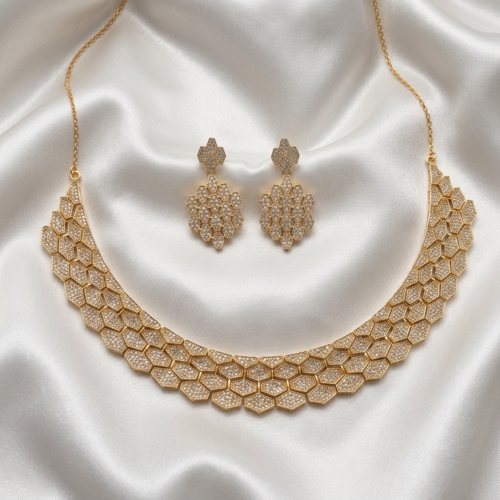 Premium Gold-Plated Pave Zircon Honeycomb Party Wear Necklace Set