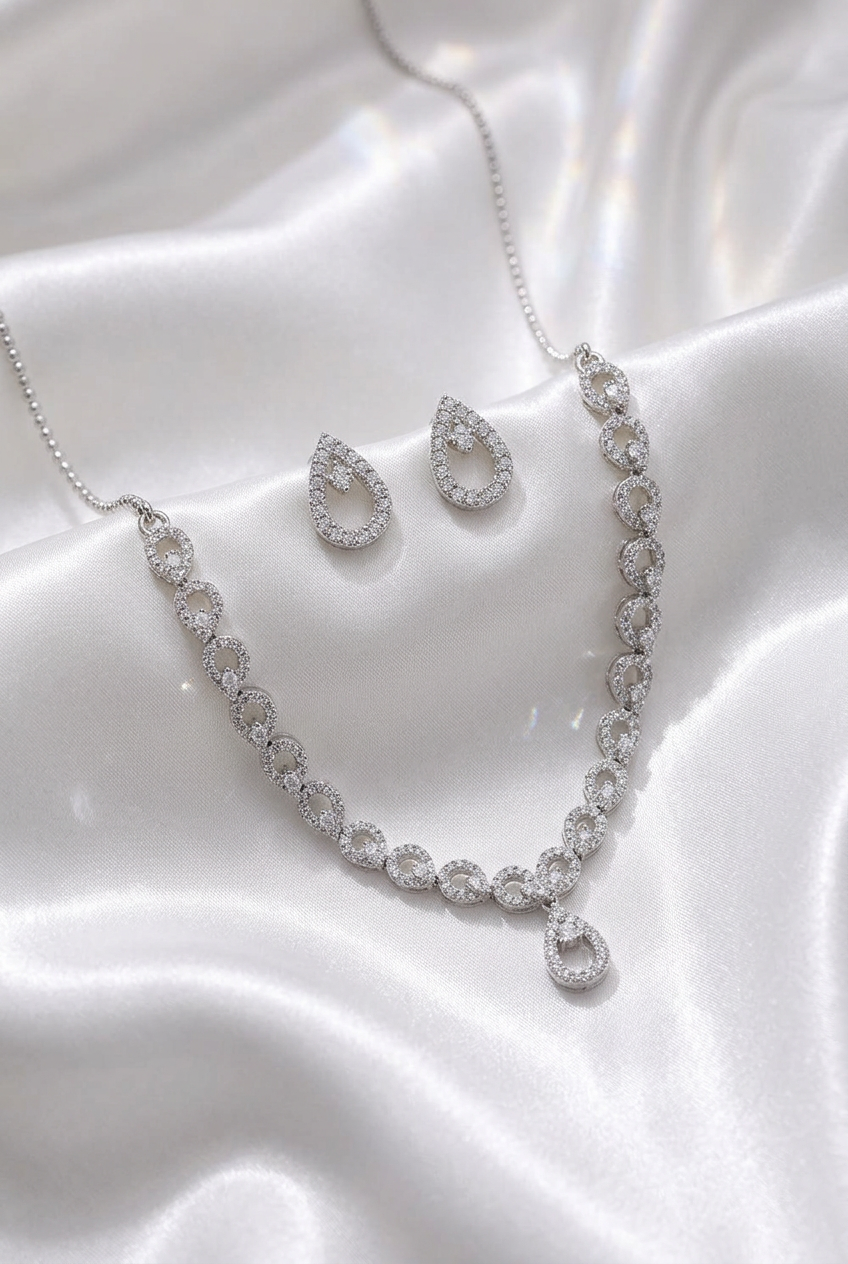 Premium Rhodium-Plated Pave Zircon Teardrop Party Wear Necklace Set