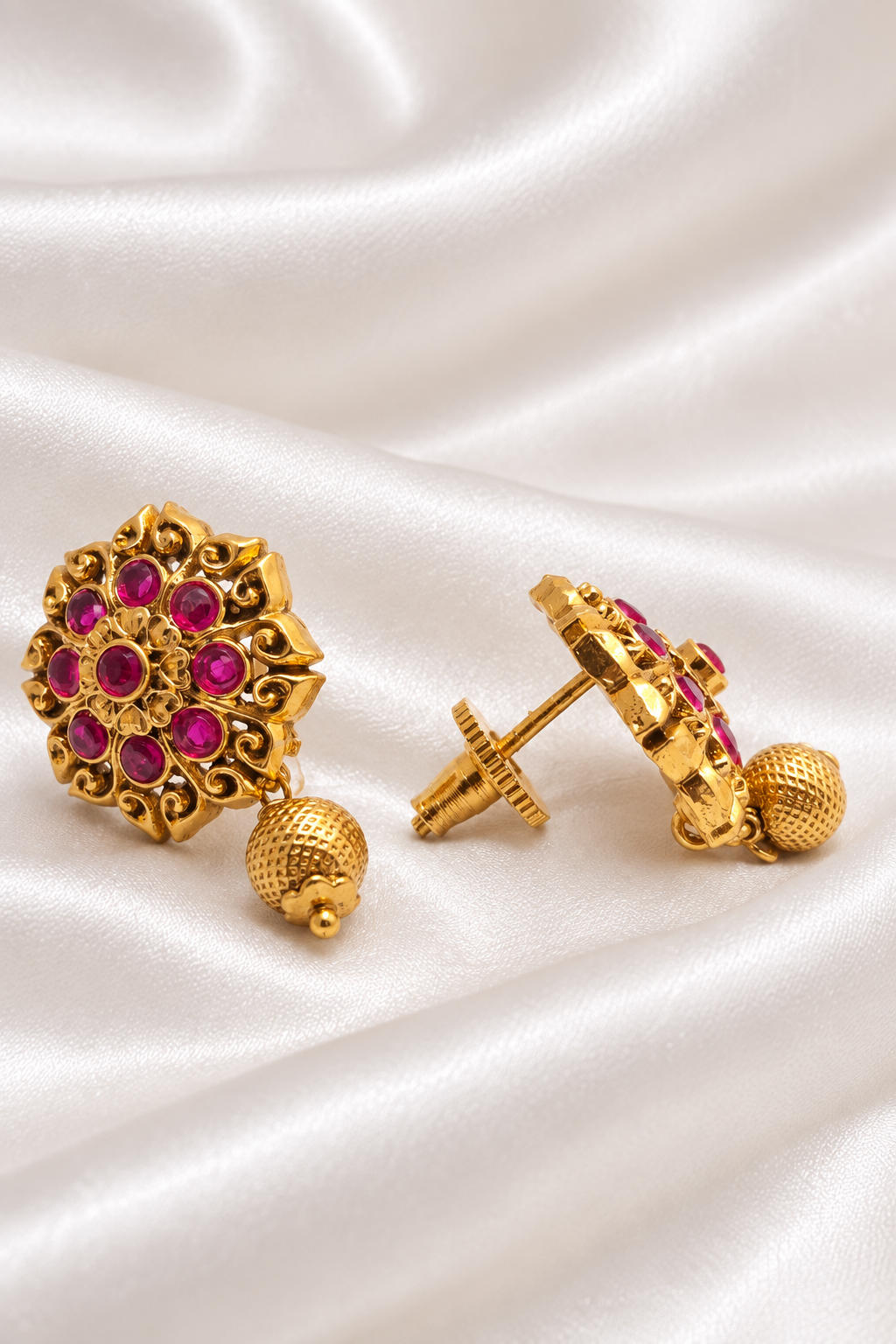 Gold-Plated Antique Floral Cluster Ruby Stone Stud Earrings with Bead