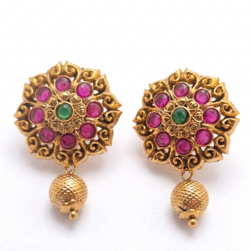Gold-Plated Antique Floral Cluster Multi-Color Stone Stud Earrings with Bead