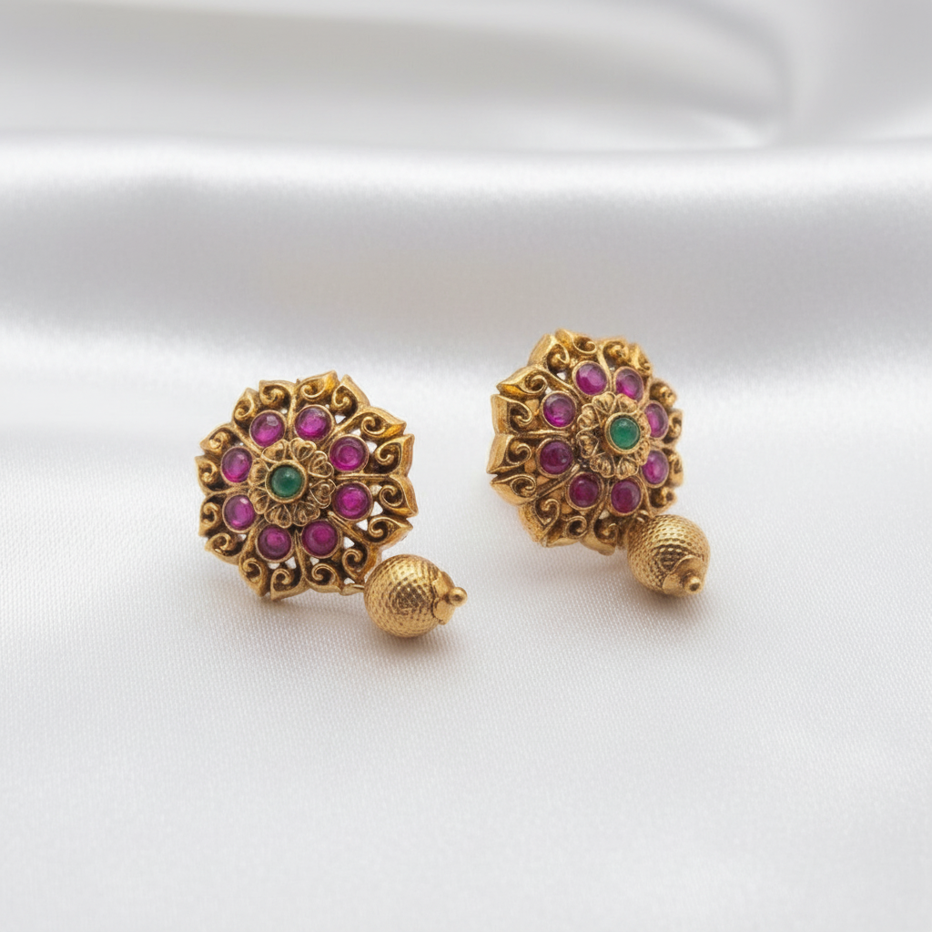 Gold-Plated Antique Floral Cluster Multi-Color Stone Stud Earrings with Bead