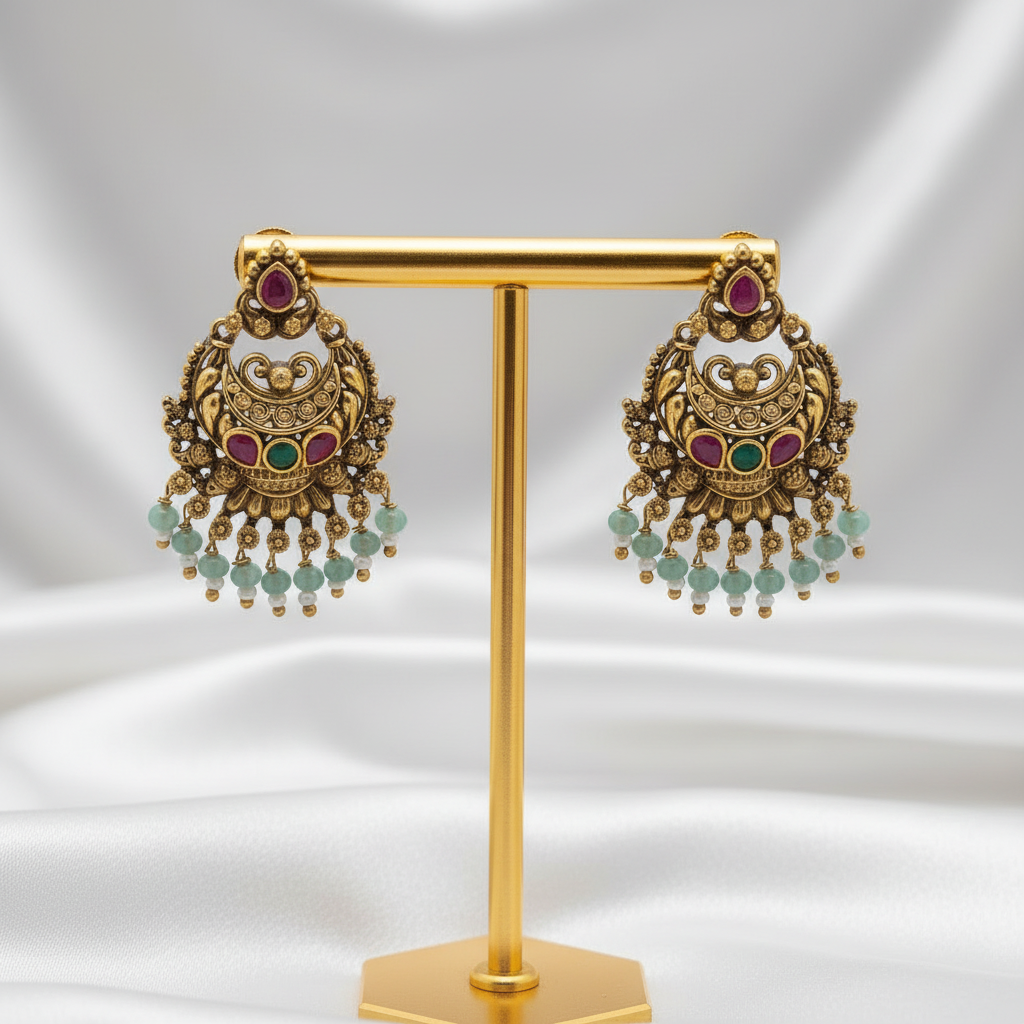 Traditional Temple Multi-Stone Chandbali Drop Earrings