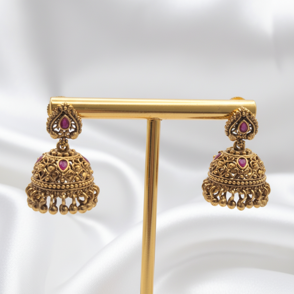 Gold-Plated Antique Small Paisley Stud Jhumkas with Ruby Stones