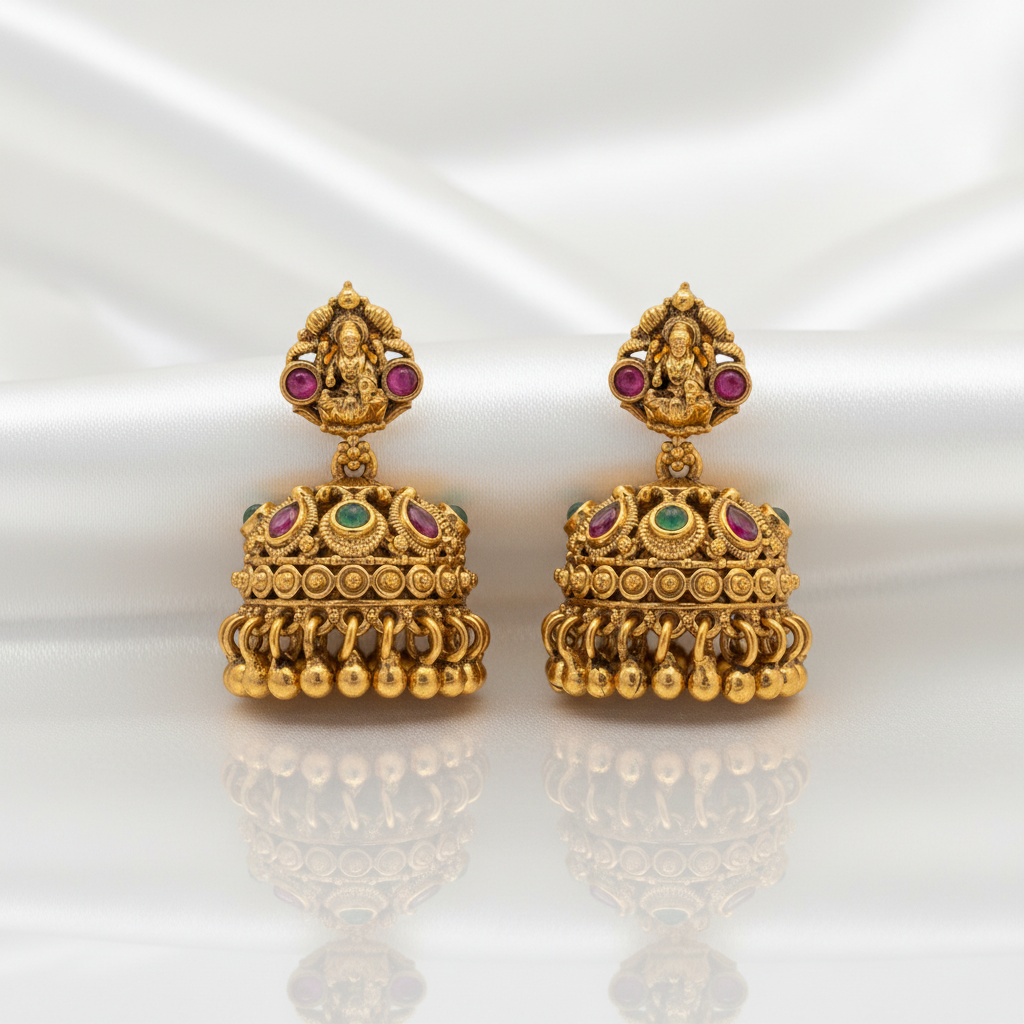 Gold-Plated Antique Goddess Lakshmi Multi-Color Stone Jhumkas