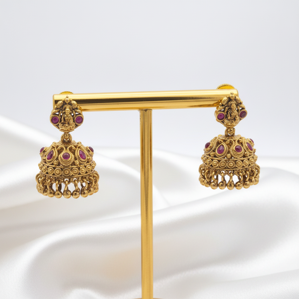 Gold-Plated Antique Goddess Lakshmi Ruby Jhumkas