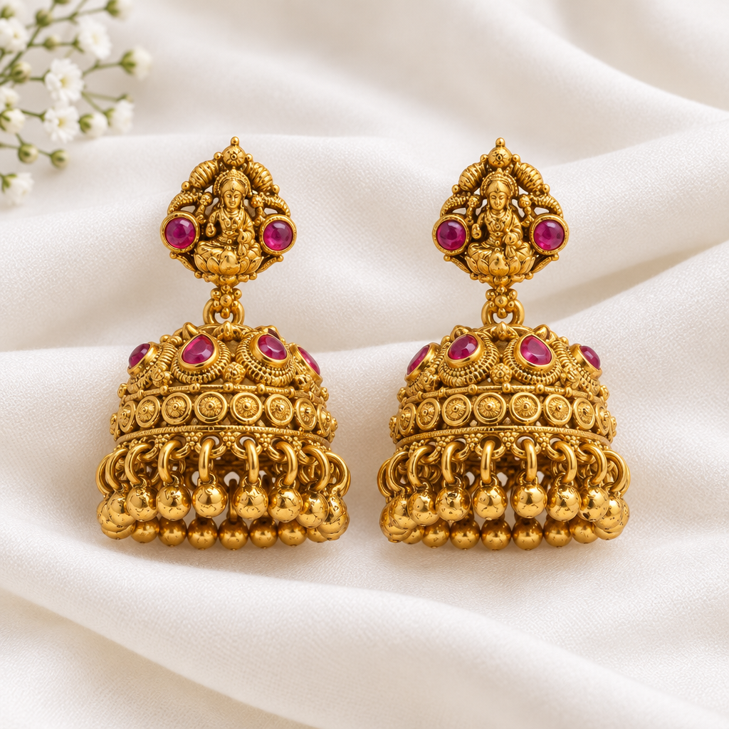 Gold-Plated Antique Goddess Lakshmi Ruby Jhumkas