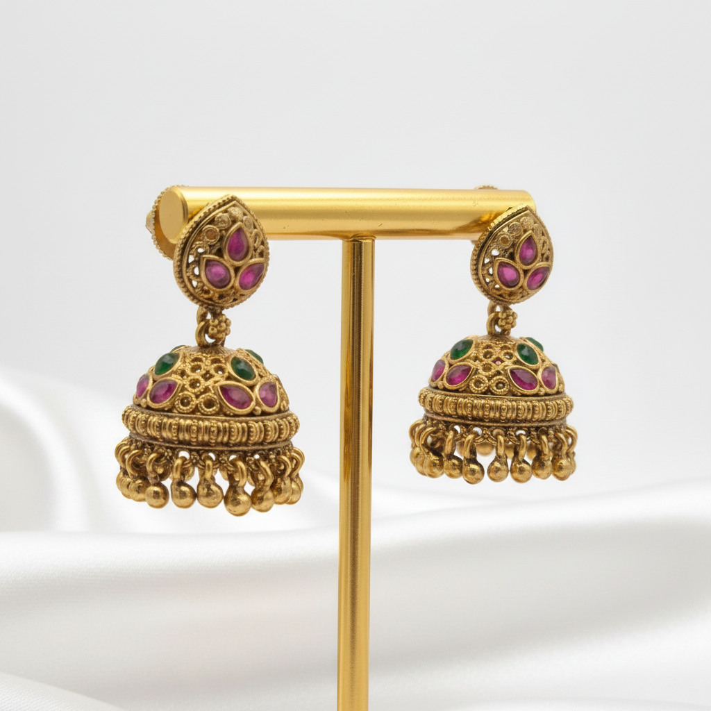 Gold-Plated Antique Leaf Stud Jhumkas with Multi-Color Stones