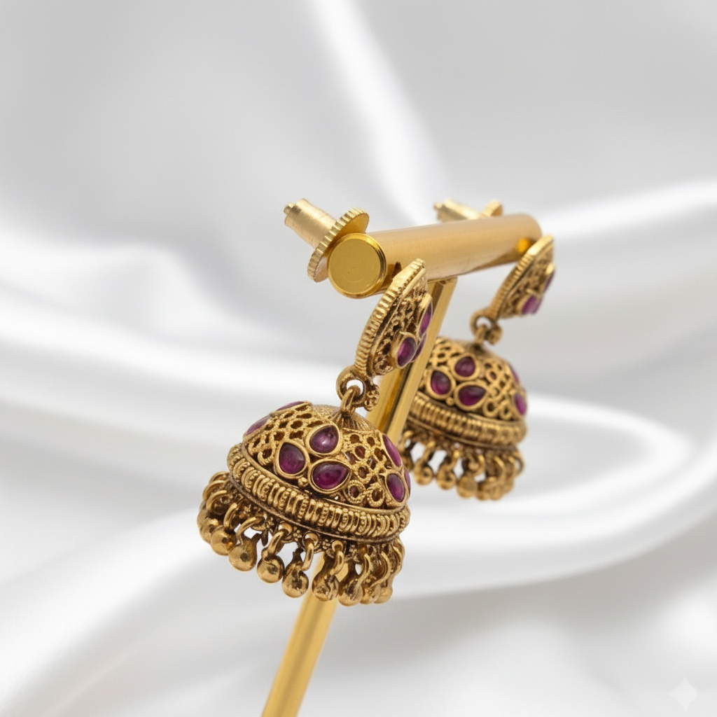Gold-Plated Antique Paisley Cluster Stud Jhumkas with Ruby Stones