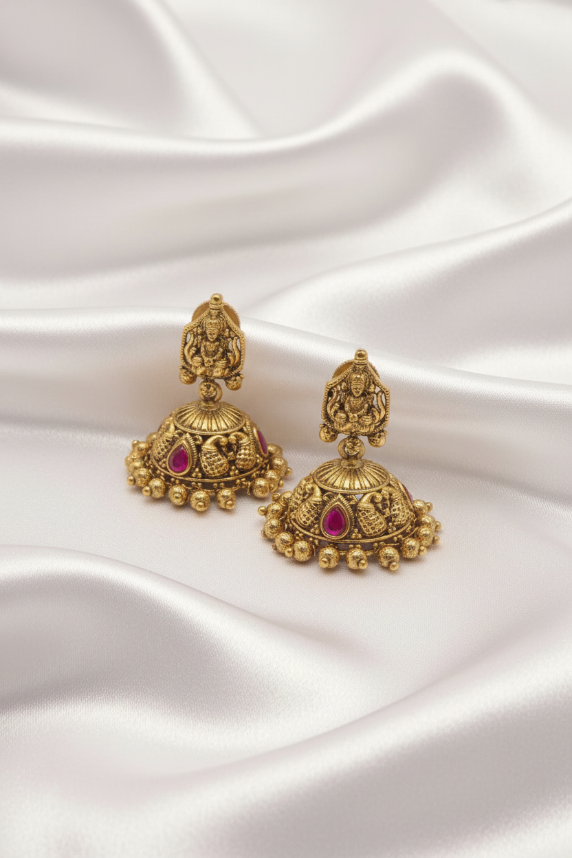 Traditional Temple Lakshmi Peacock Design Ruby Stone Jhumka Earrings