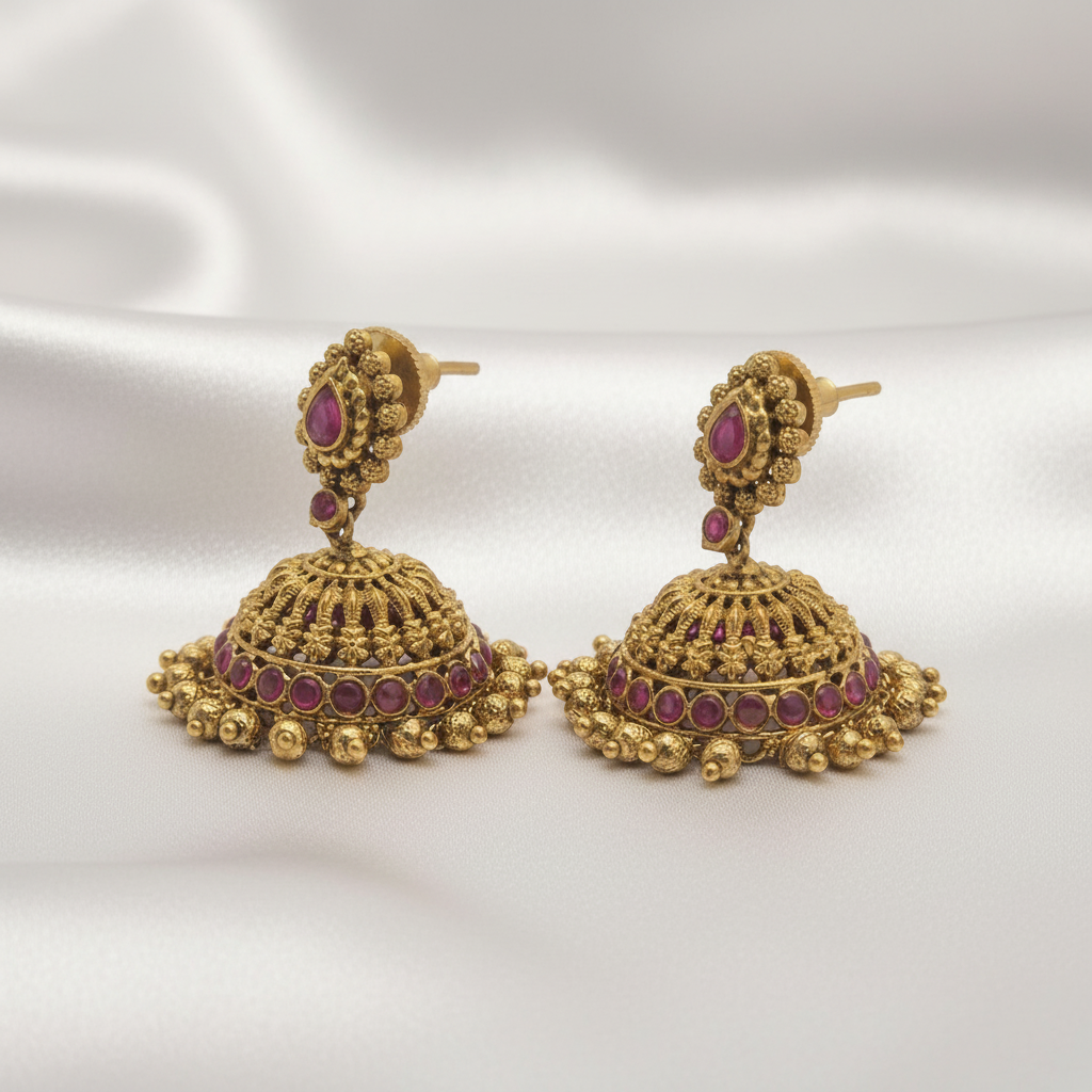 Gold-Plated Antique Mango Stud Jhumkas with Ruby Stones & Beads