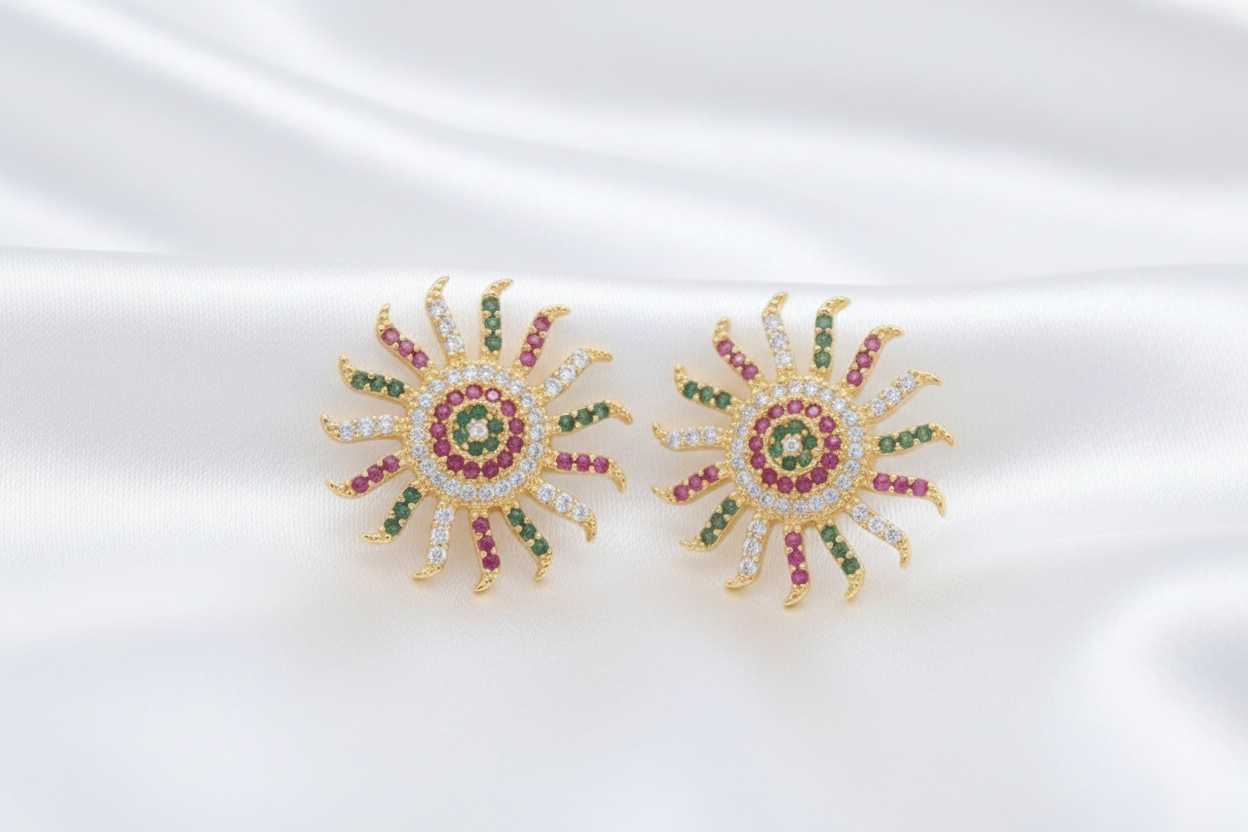 Gold Tone Multicolor Cubic Zirconia Sunburst Earrings for Weddings