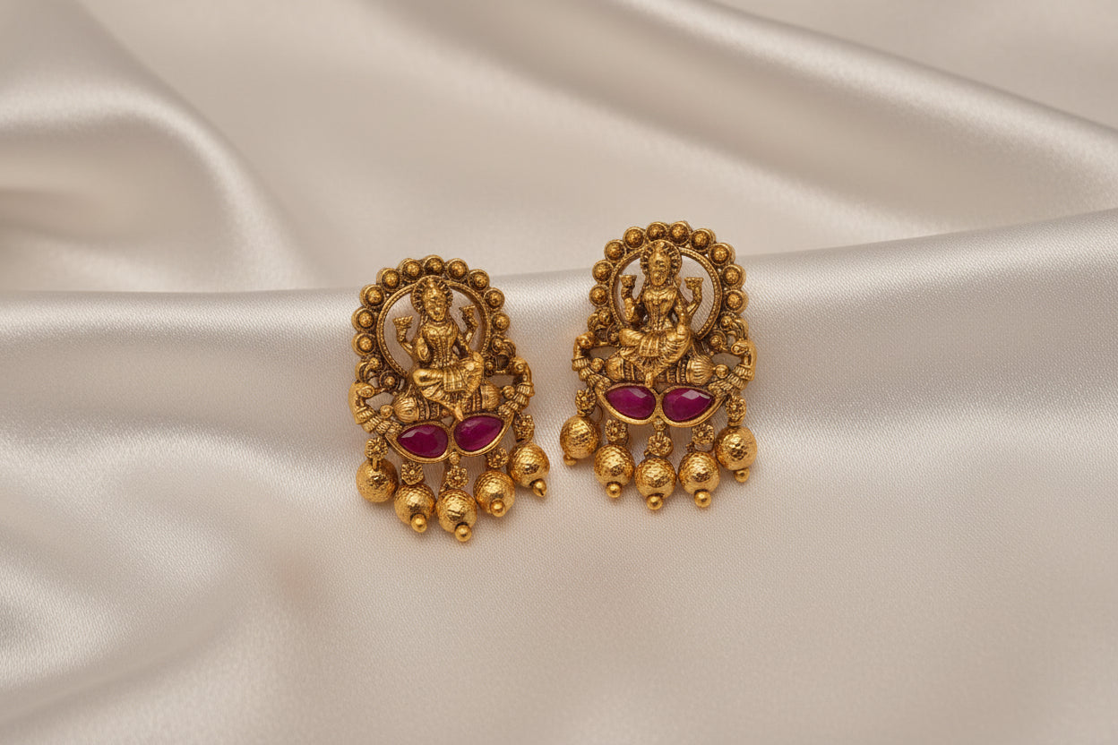 Antique Gold-Plated Long Lakshmi Temple Necklace with Matching Earrings