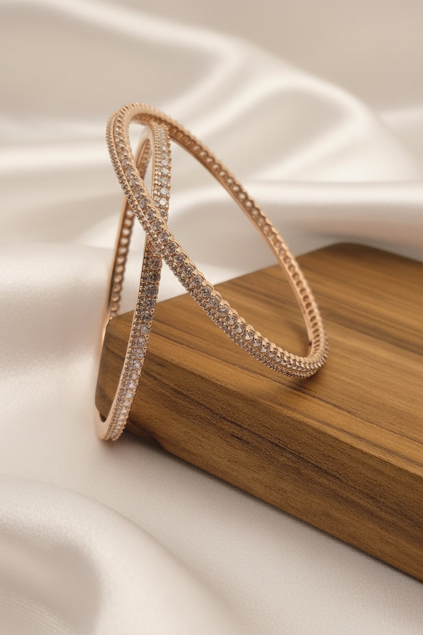 Rose Gold-Plated American Diamond Zircon Bangle Set