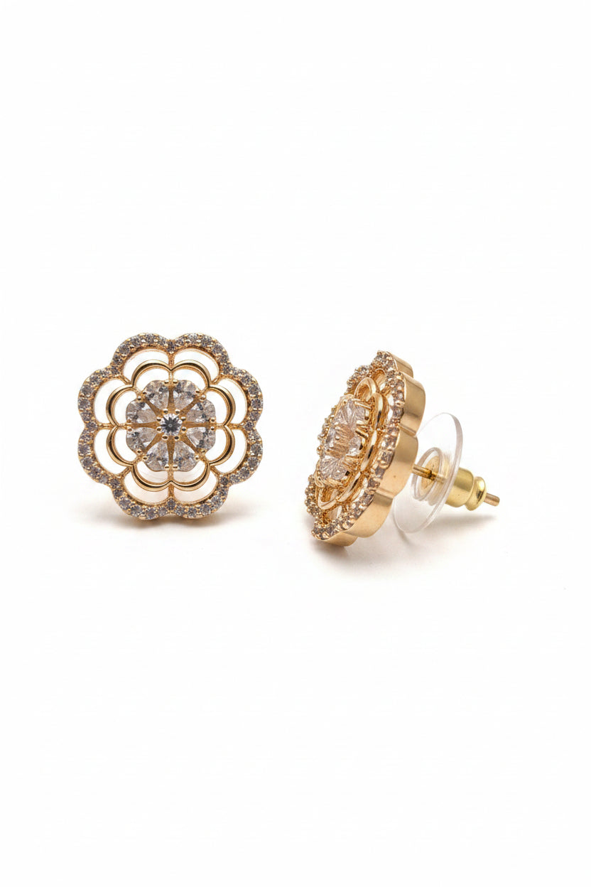 Rose Gold-Plated Scalloped Floral Zircon Stud Earrings