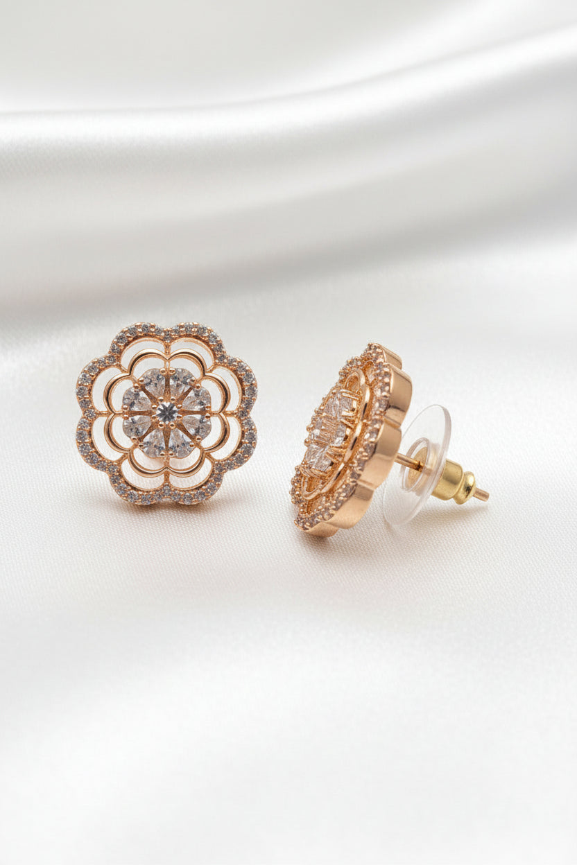 Rose Gold-Plated Scalloped Floral Zircon Stud Earrings