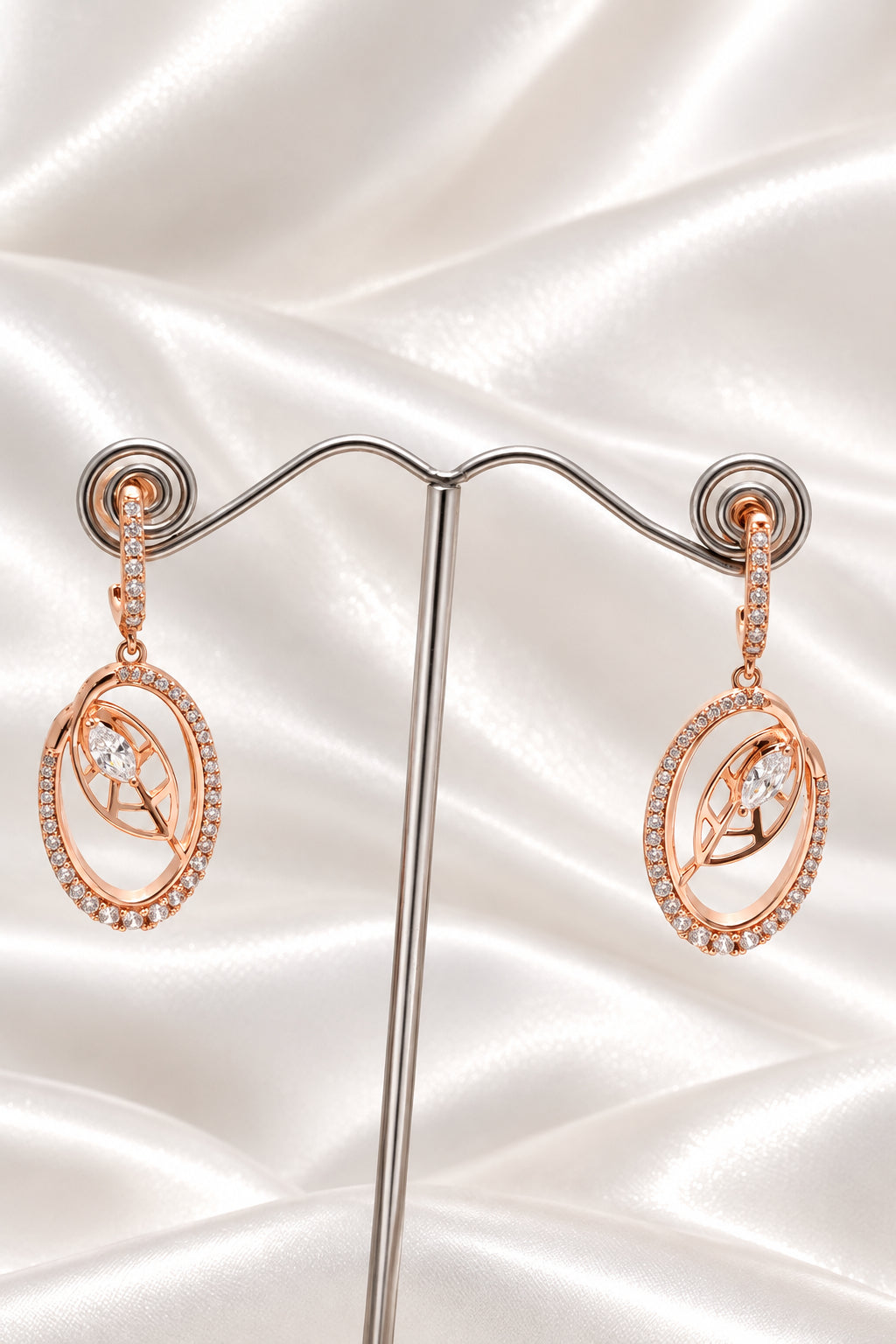 Rose Gold-Plated Oval Leaf American Diamond Zircon Drop Earrings