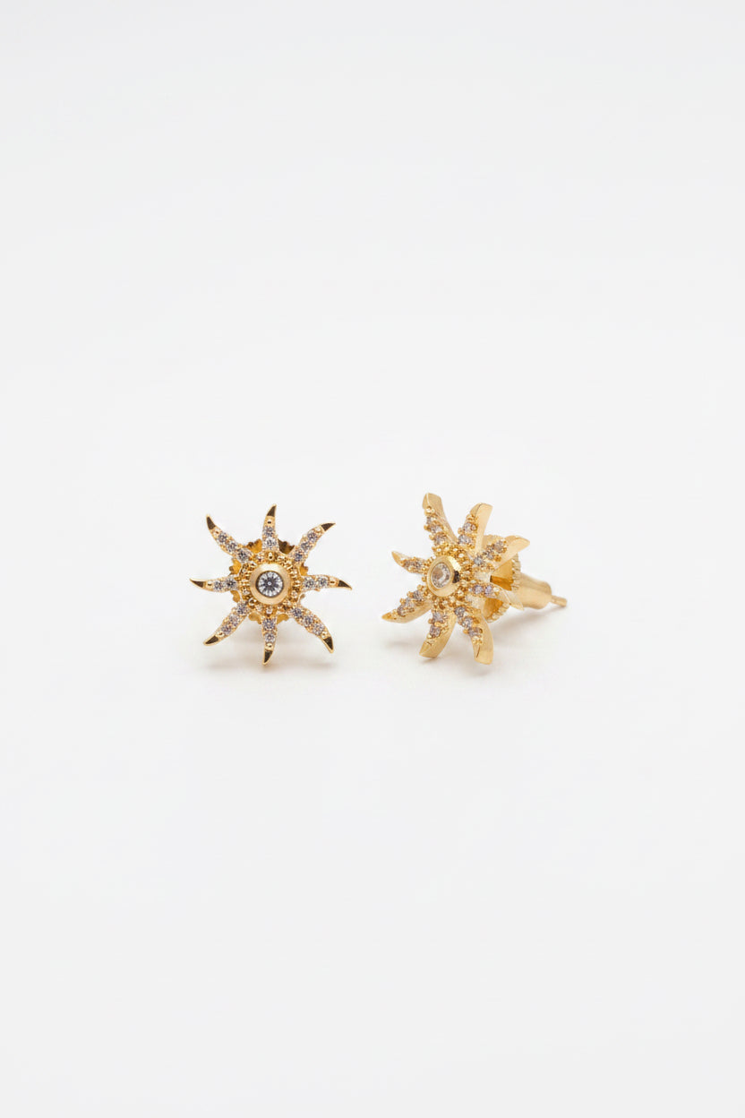 Gold Plated Sunburst Zircon Stud Earrings