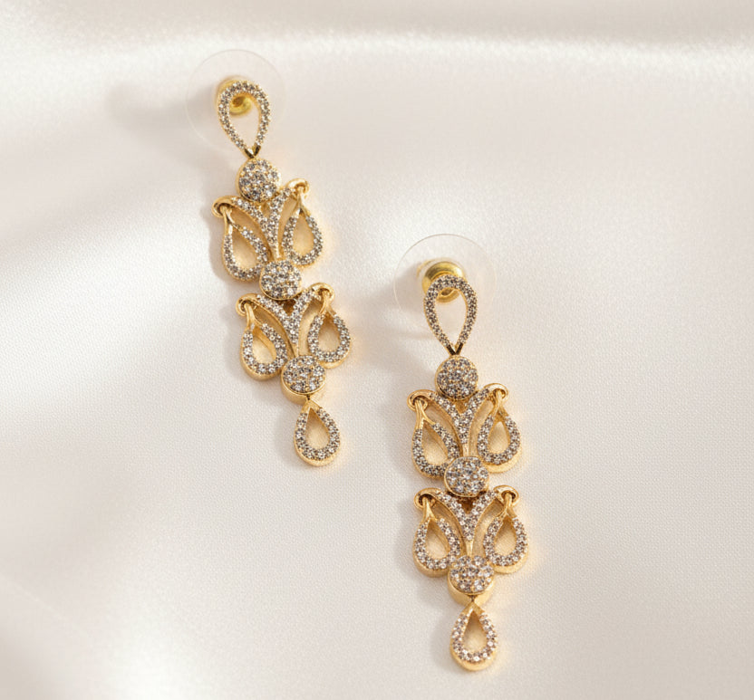 Rose Gold-Plated Chandelier Zircon Stone Necklace and Earrings Set