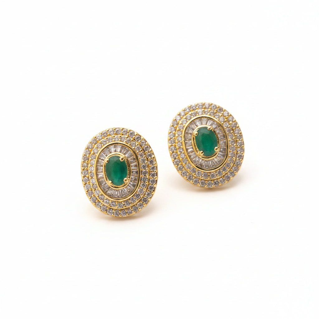 Gold-Plated Oval Emerald Green Zircon Stud Earrings