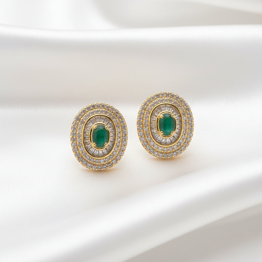 Gold-Plated Oval Emerald Green Zircon Stud Earrings