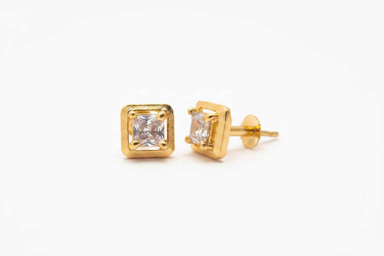 Gold-Plated Square Solitaire Zircon Stud Earrings