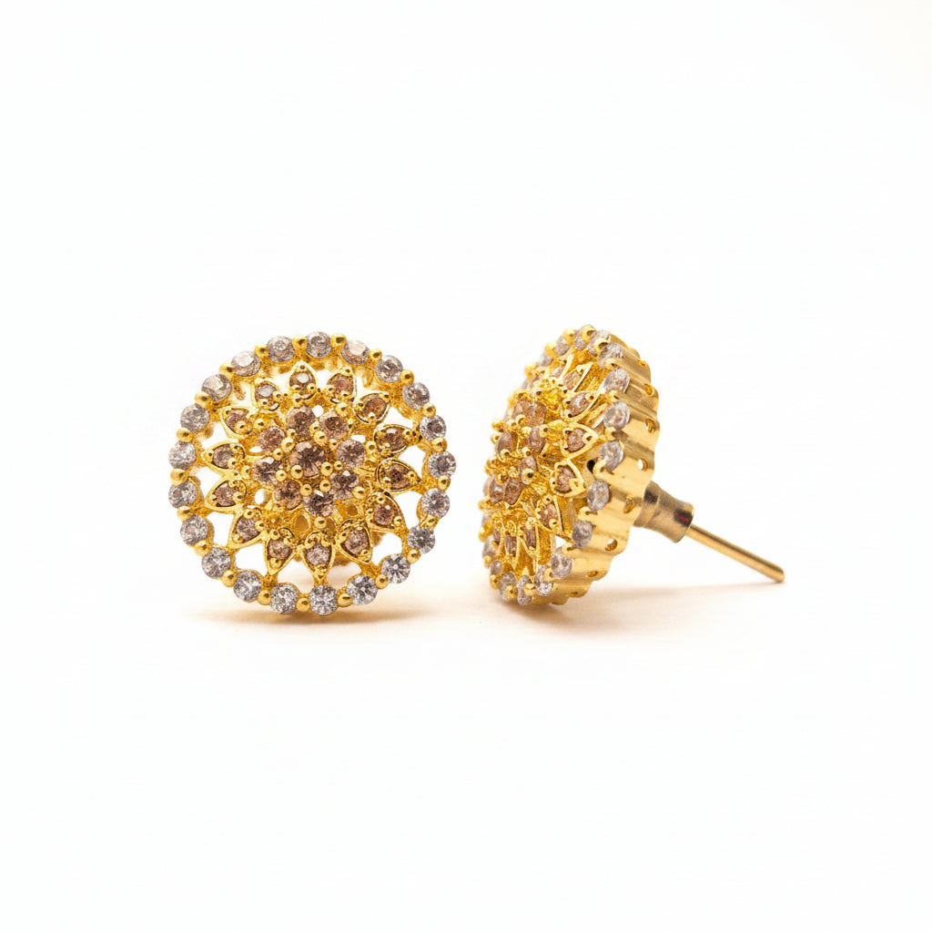 Gold-Plated Floral Sunburst Zircon Stud Earrings