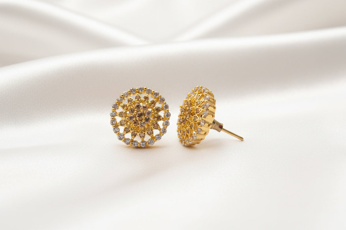 Gold-Plated Floral Sunburst Zircon Stud Earrings