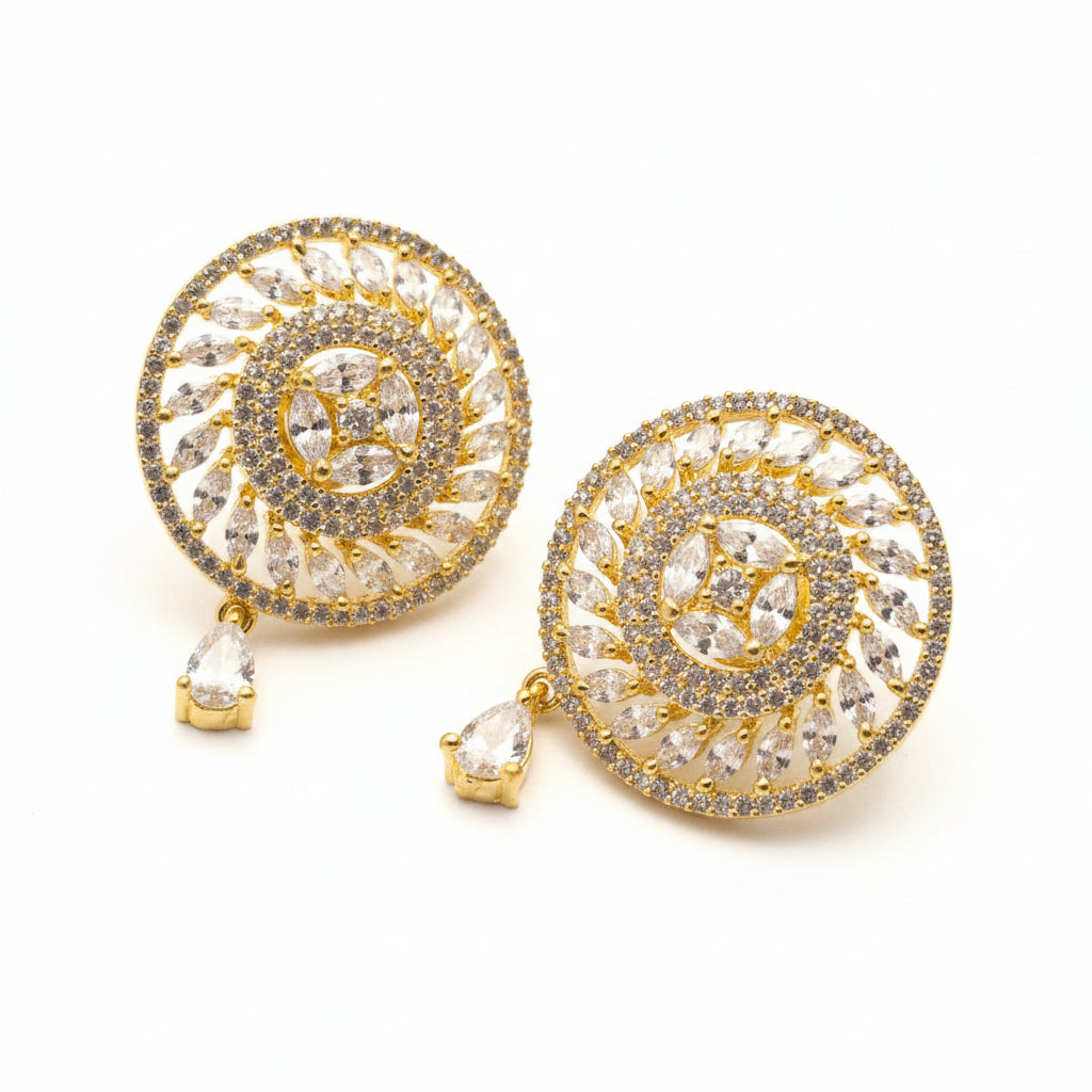 Gold-Plated Sunburst Circular Zircon Earrings