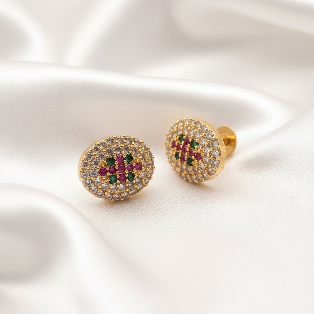 Gold-Plated Oval Multistone Ruby and Emerald Zircon Stud Earrings