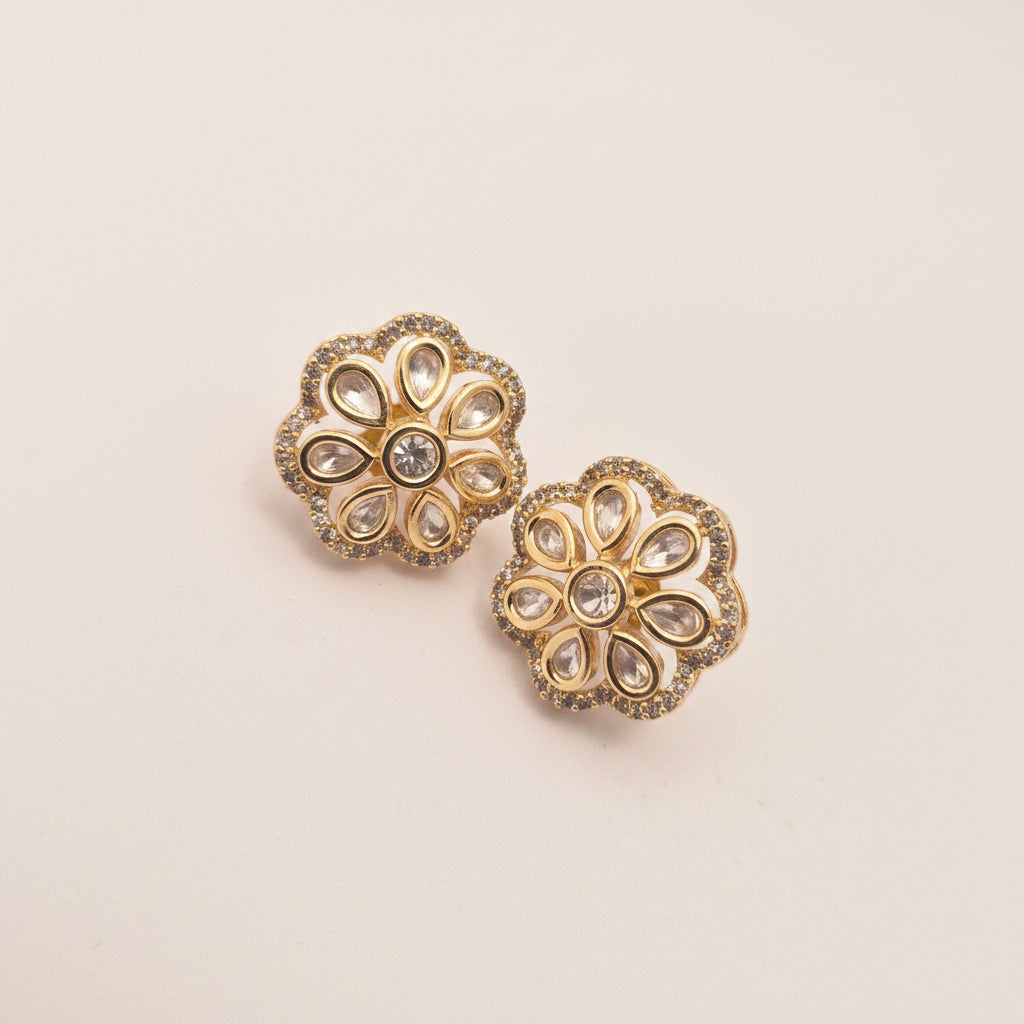 Gold-Plated Sunflower Floral Zircon Stud Earrings