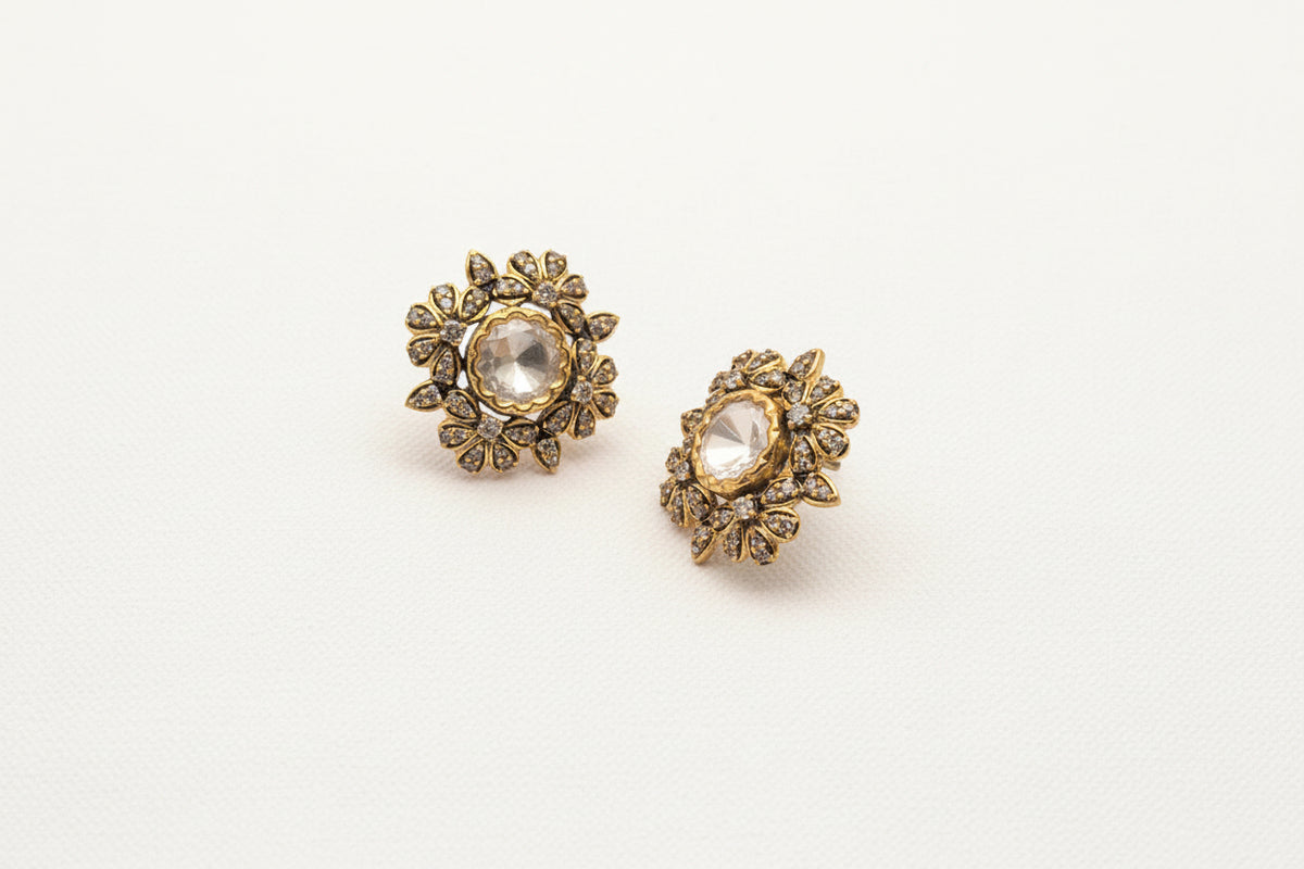 Gold-Plated Floral Cluster Victorian Stud Earrings