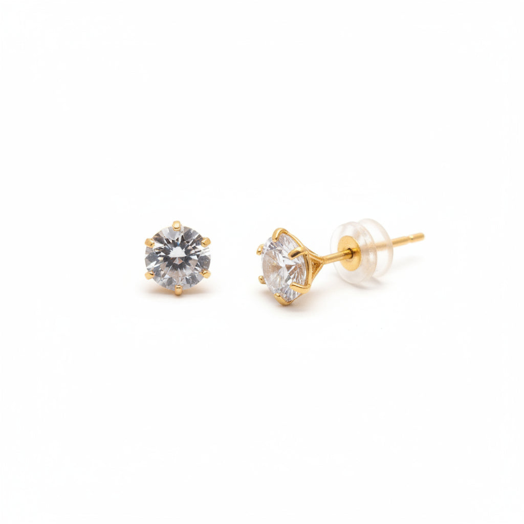 Gold-Plated Solitaire Zircon Round Prong-Set Stud Earrings