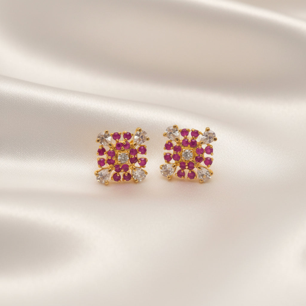 Gold-Plated Square Multistone Ruby Zircon Stud Earrings